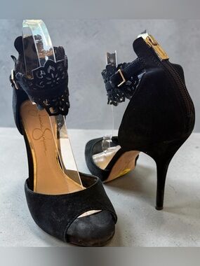 Jessica Simpson Bonney Heeled Peep Toe Floral Ankle Cuff Sz 8.5 | Fare UC